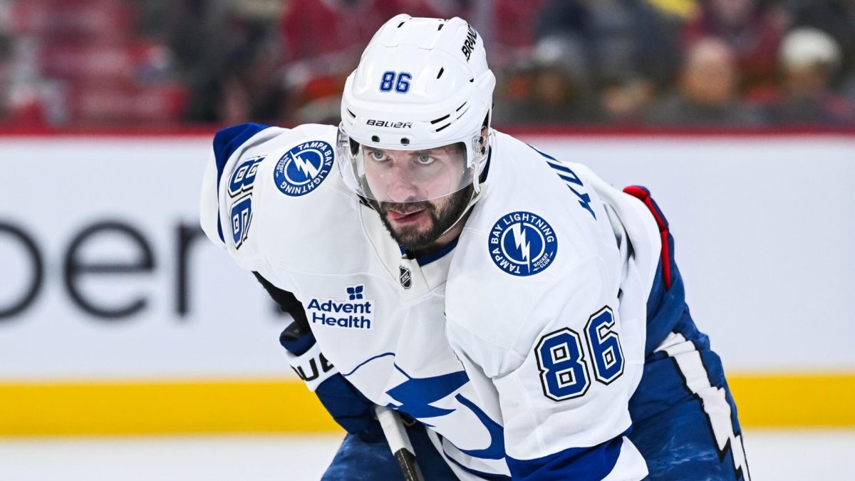 Nikita Kucherov on the ice during an NHL game as his Lightning future is discussed